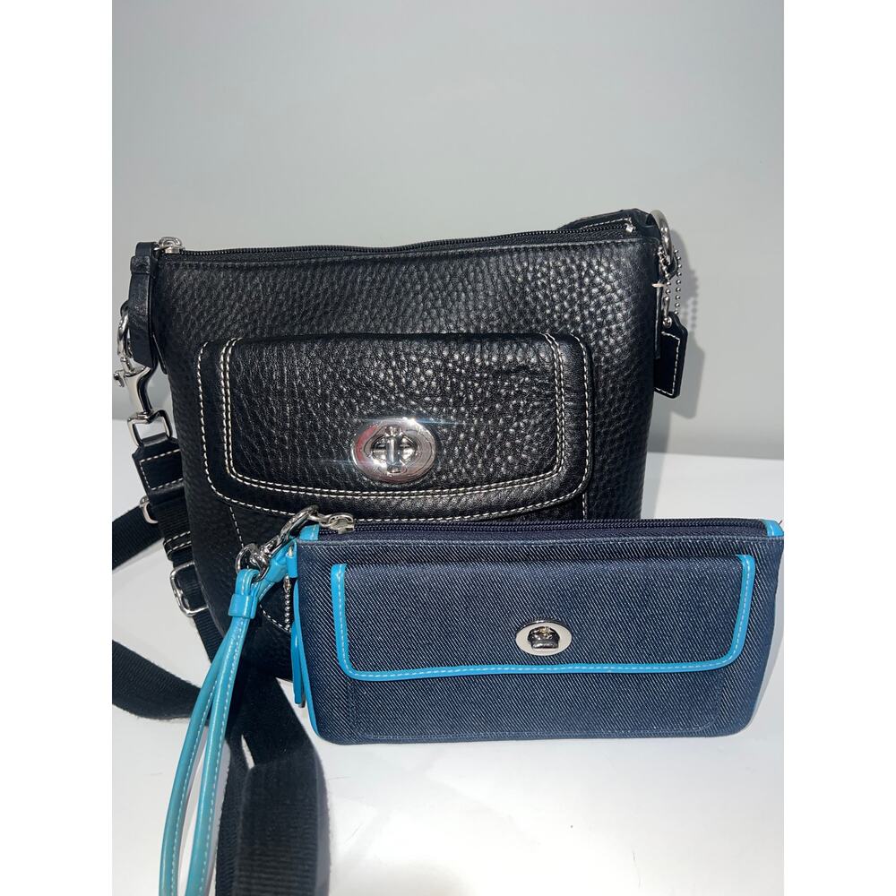 Coach 2-Piece Set – Black Pebbled Leather Crossbody + Blue Canvas Wristlet